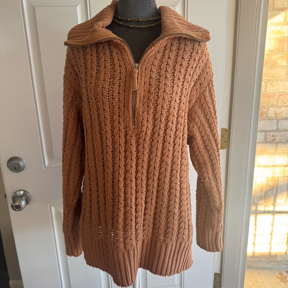 Aerie Chunky Cable Car Chenille Quarter-Zip Sweater - Camel / Medium